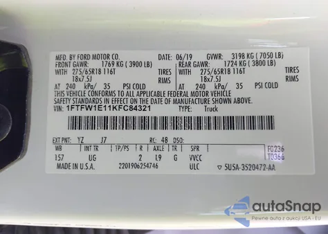 2019 Ford F-150 Xlt из США, поврежденный, VIN 1FTFW1E11KFC84321